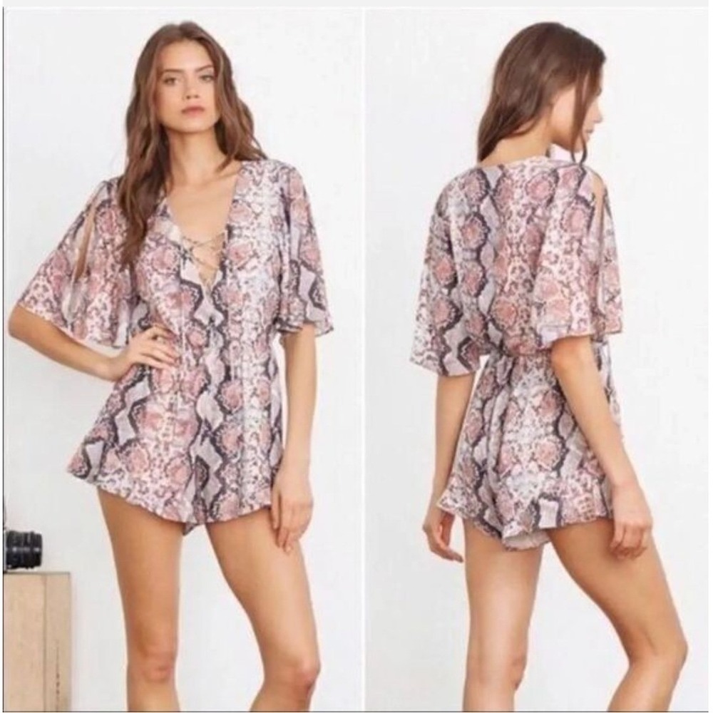 Lovers + Friends NWT Pink Snakeskin Lace Up Romper Large